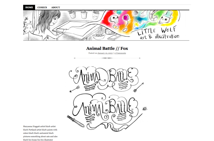 Ее сайт,   Маленький волк   , использует   Коралина   Гибкая тема с различными вариантами макета и цветовой схемы