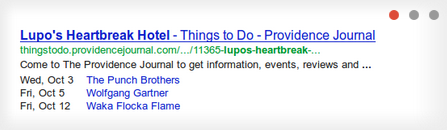 После того, как Google просканирует ваш сайт, данные о событиях могут отображаться в виде расширенных фрагментов на страницах результатов поиска способом, аналогичным приведенному Google в этом примере: